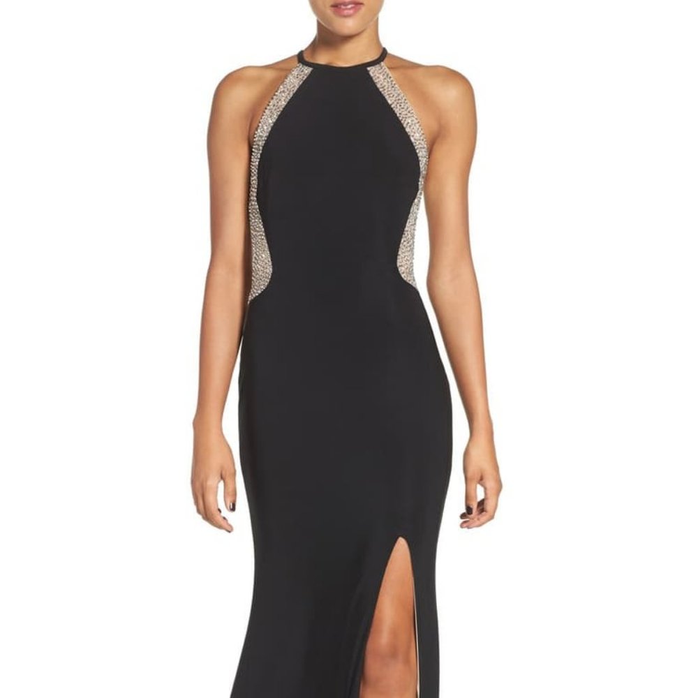 Xscape Black Gown with Gold Beaded Side Insets
